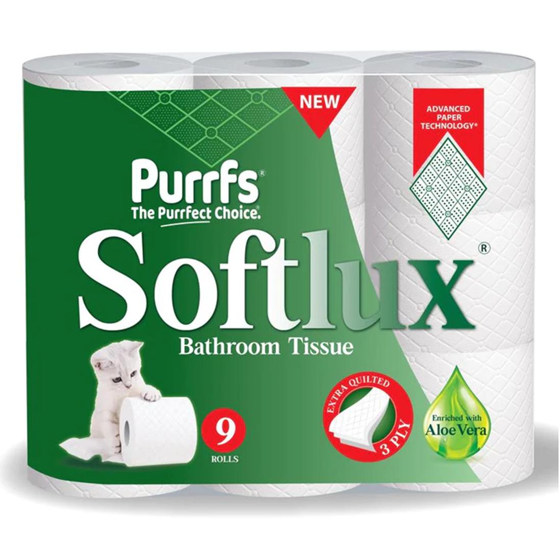 Purrfs Softlux White Toilet Paper 9 Rolls Pack 3 Ply Luxury Premium Quality Perfect Clean Soft Thick Toilet Papers for Kids Adults