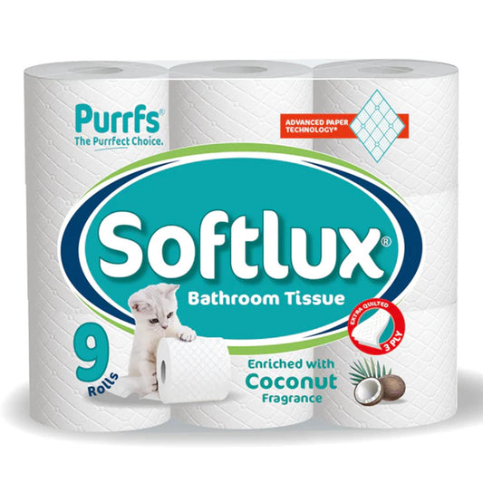 Purrfs Softlux White Toilet Paper 9 Rolls Pack 3 Ply Luxury Premium Quality Perfect Clean Soft Thick Toilet Papers for Kids Adults